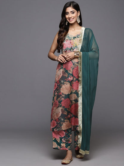 Dhiyona VA Women'sFloral Printed Zari Kurta With Palazzos & Dupatta