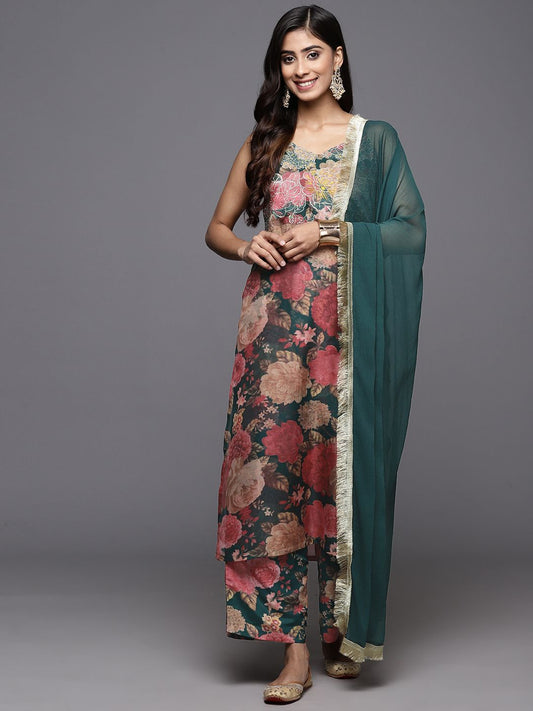 Dhiyona VA Women'sFloral Printed Zari Kurta With Palazzos & Dupatta