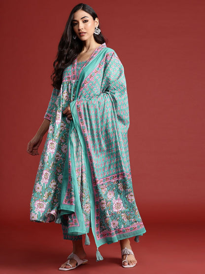 Dhiyona IE Women Floral Printed Empire Sequinned Pure Cotton Kurta With Trousers & Dupatta