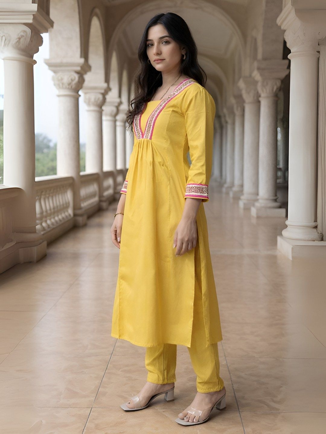 Dhiyona IE Women's Women Ethnic Motifs Embroidered V-Neck Sequinned Kurta with Trousers
