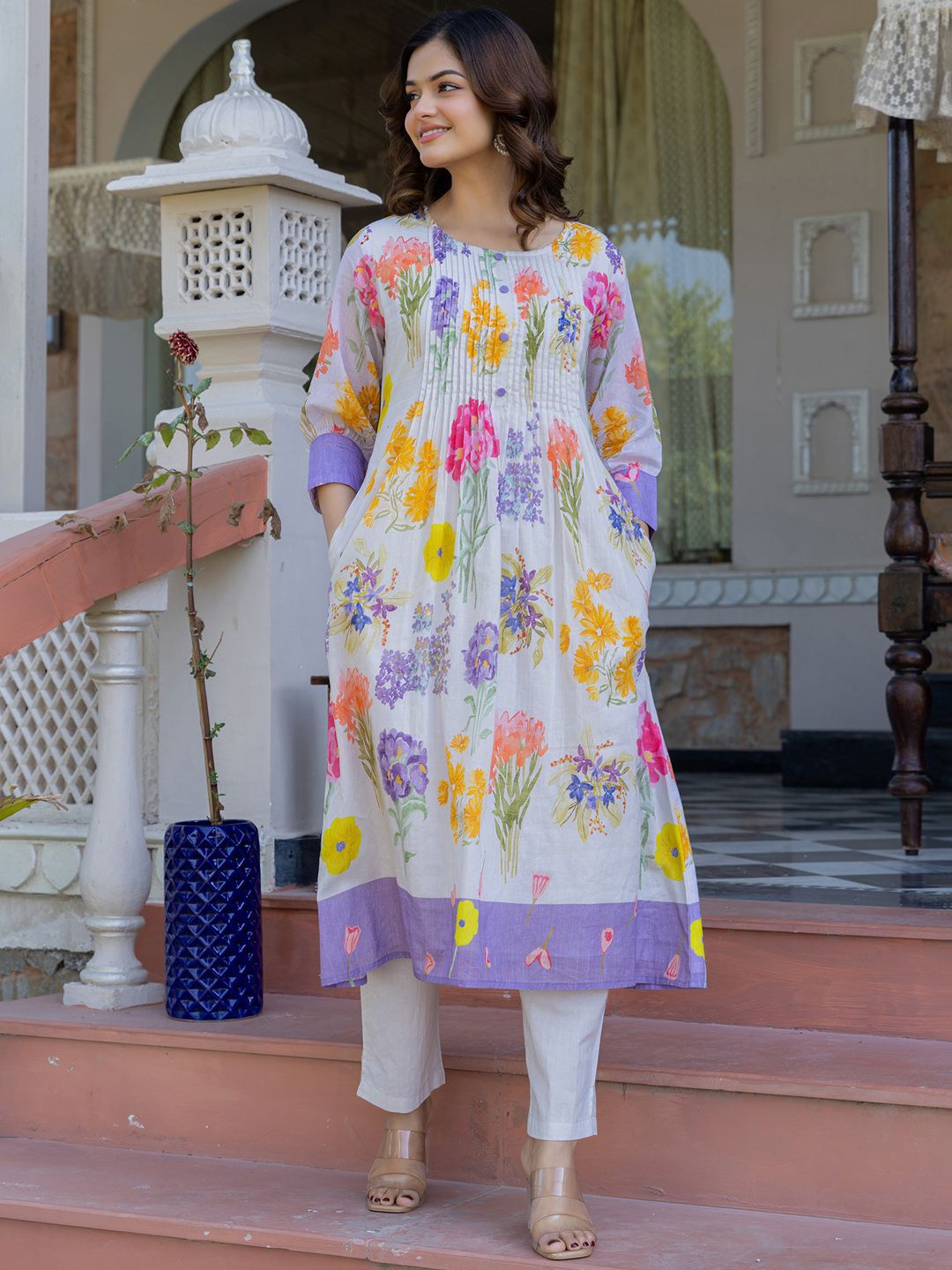 Floral Printed A-Line Pure Cotton Kurta With Trousers