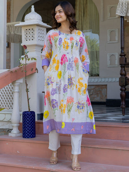 Floral Printed A-Line Pure Cotton Kurta With Trousers