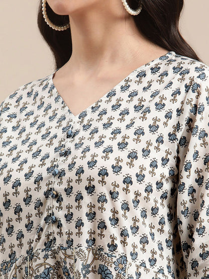 Dhiyona VA Women's White Floral Printed Regular Pure Cotton Kurta with Palazzos & With Dupatta