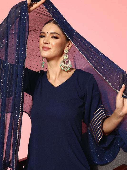 Dhiyona VA Women's Navy Blue Regular Gotta Patti Silk Crepe Kurta with Trousers & With Dupatta