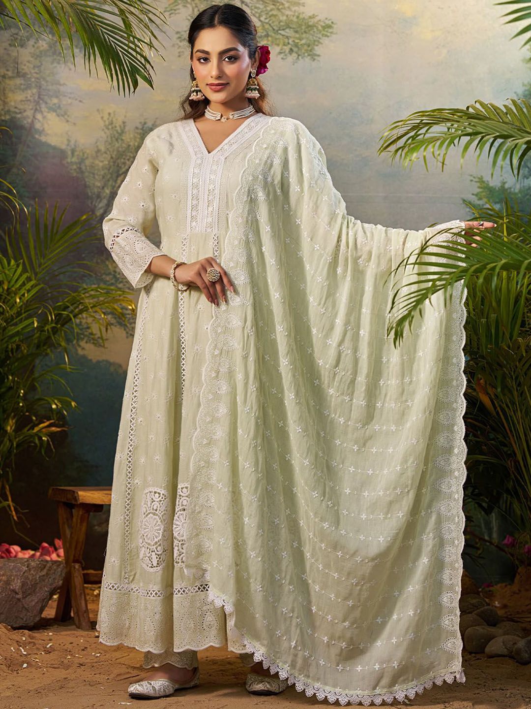 Floral Embroidered Pure Cotton Anarkali Kurta With Trousers & Dupatta