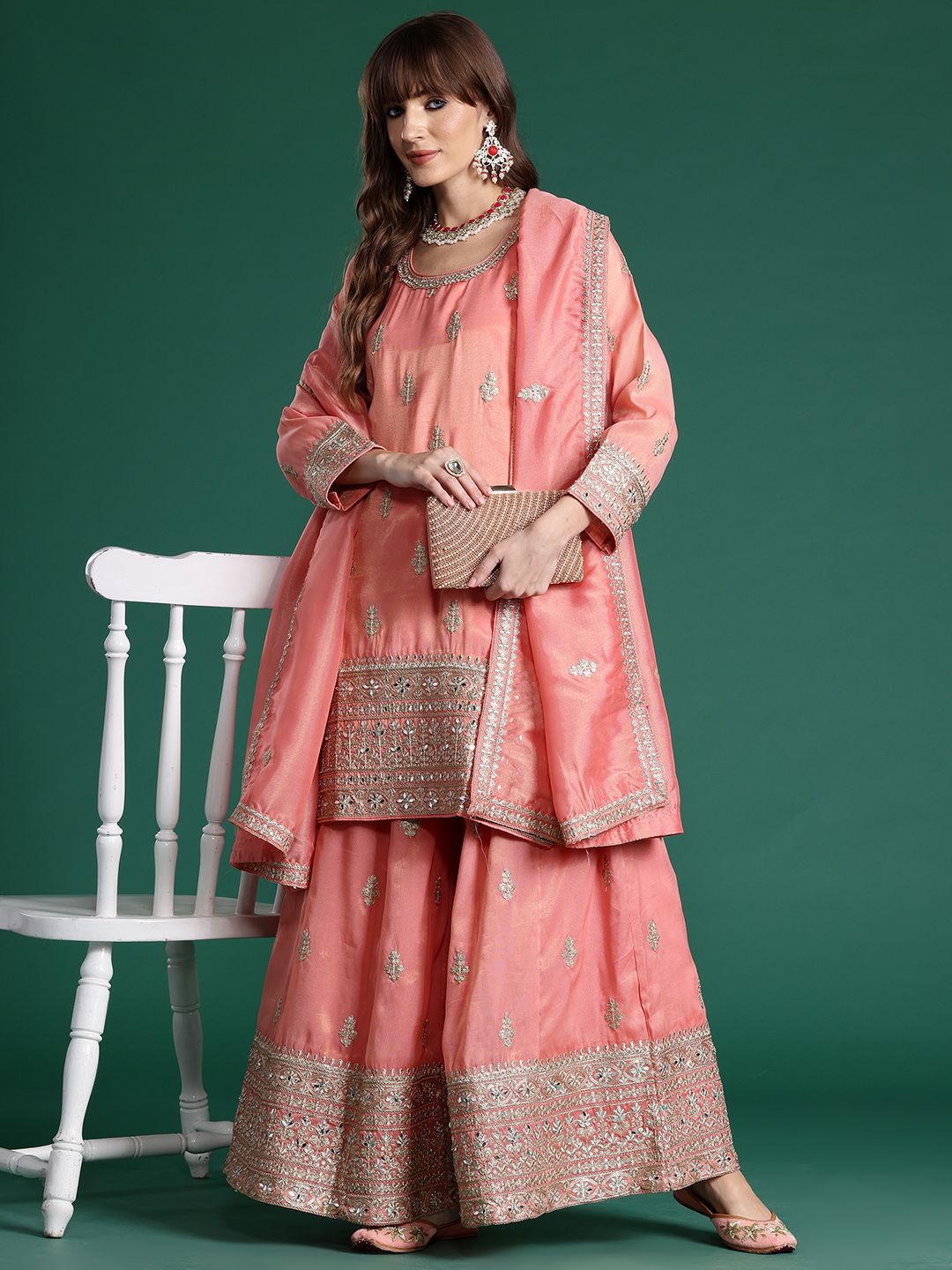 Dhiyona IE Ethnic Motifs Embroidered Sequinned Kurta with Palazzos & With Dupatta