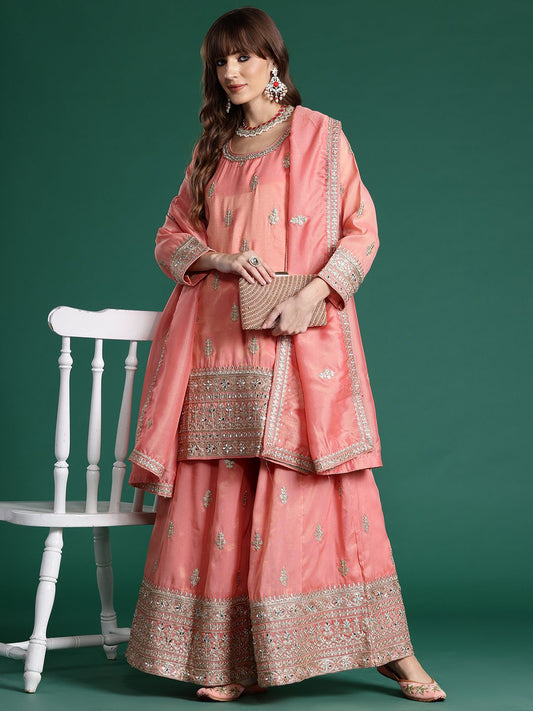 Ethnic Motifs Embroidered Sequinned Kurta with Palazzos & With Dupatta