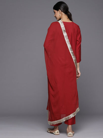 Dhiyona VA Women's Red Floral Embroidered Sequinned Kurta with Trousers & With Dupatta