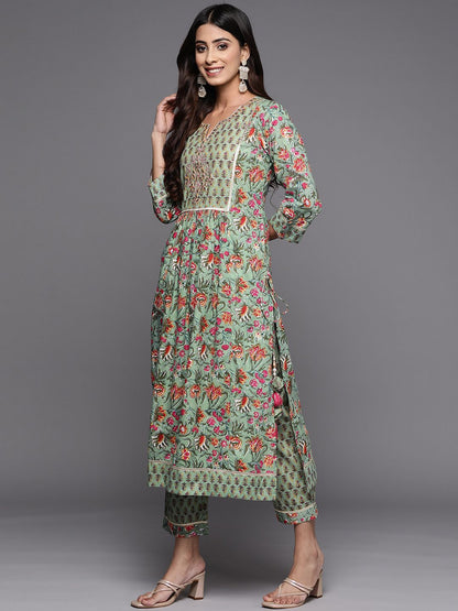 Dhiyona VA Women'sGreen & Pink Floral Print Pure Cotton Kurta with Trousers & With Dupatta