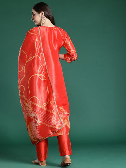 Floral Printed Sequinned Kurta with Trousers & Dupatta