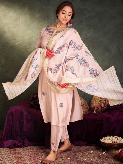 Dhiyona IE Floral Embroidered Thread Work Straight Kurta With Trousers And Dupatta