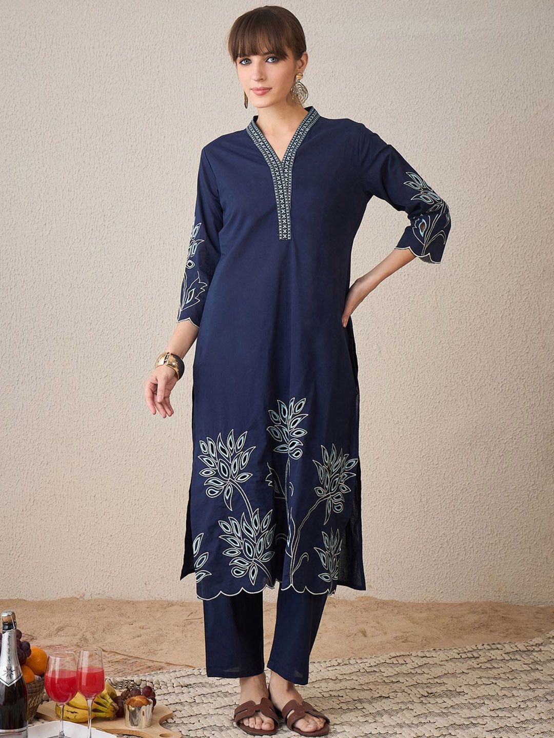 Dhiyona IE Women Floral Embroidered Regular Thread Work Pure Cotton Kurta with Trousers