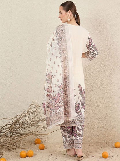 Women Floral Printed Cotton Kurta with Trousers & Dupatta