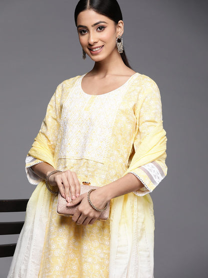 Women Yellow Embroidered Thread Work Kurta with Trousers & Dupatta