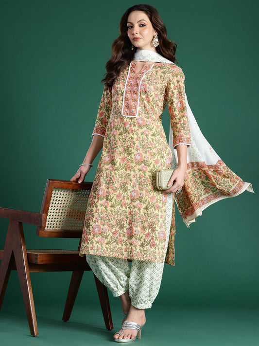 Dhiyona IE Floral Printed Pure Cotton Kurta with Salwar & With Dupatta
