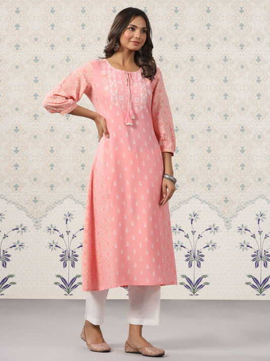 Dhiyona OD  Ethnic Motif Printed Tie Up Neck A-Line Kurta With Trousers