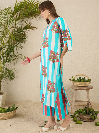 Floral Screen Printed V-Neck Pure Cotton Straight Kurta With Trousers