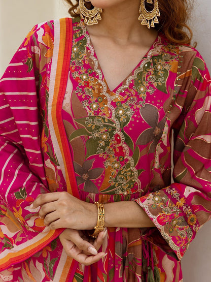 Dhiyona IS Women's Floral Printed Pure Cotton Thread work Anarkali Kurta With Palazzos And Dupatta