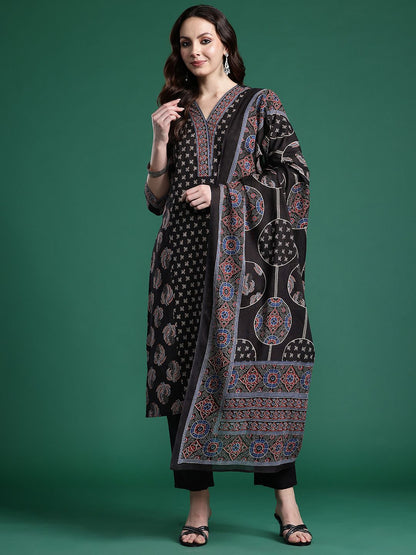 Dhiyona IE Ethnic Motifs Printed Panelled Pure Cotton Kurta with Trousers & Dupatta