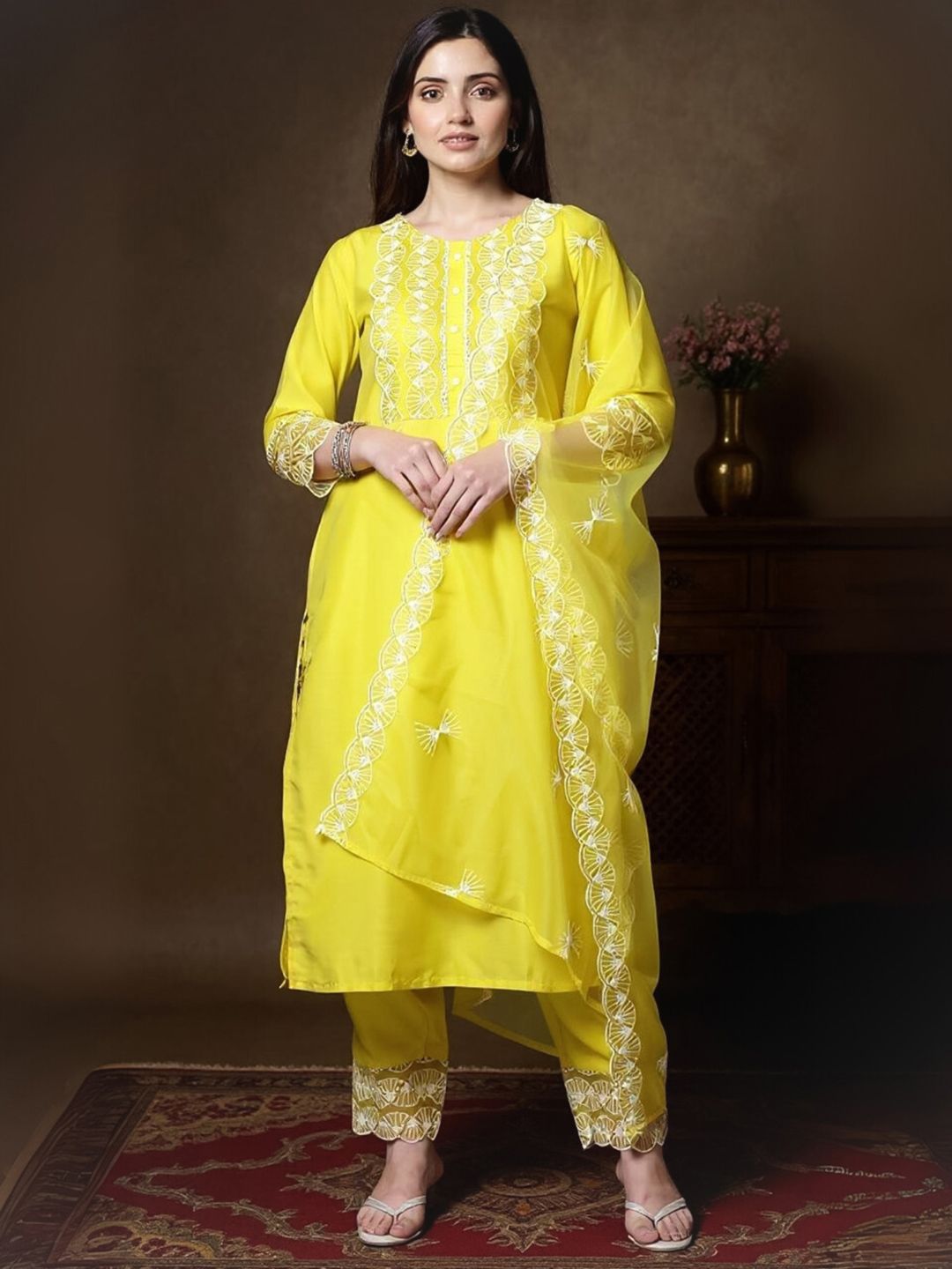 Women Yoke Design Round Neck Kurta With Trousers & Dupatta