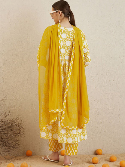Dhiyona IE V Neck Floral Printed Empire Mirror Work Pure Cotton Kurta Set