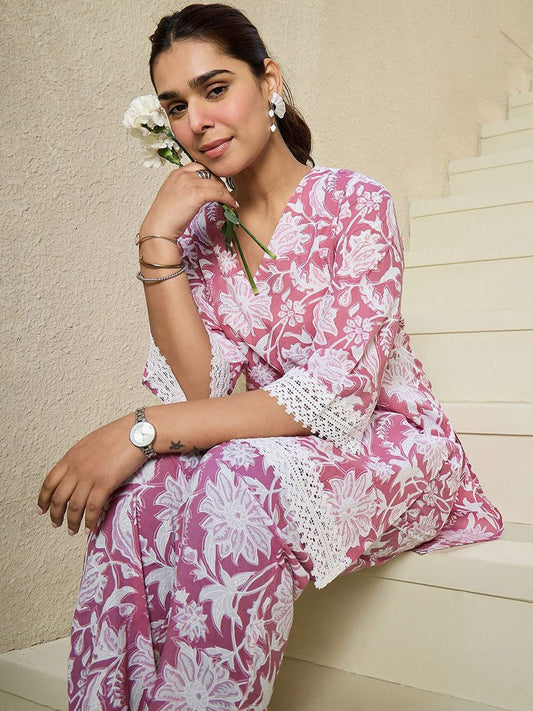 Floral Printed V Neck Pure Cotton A-Line Kurta with Trousers