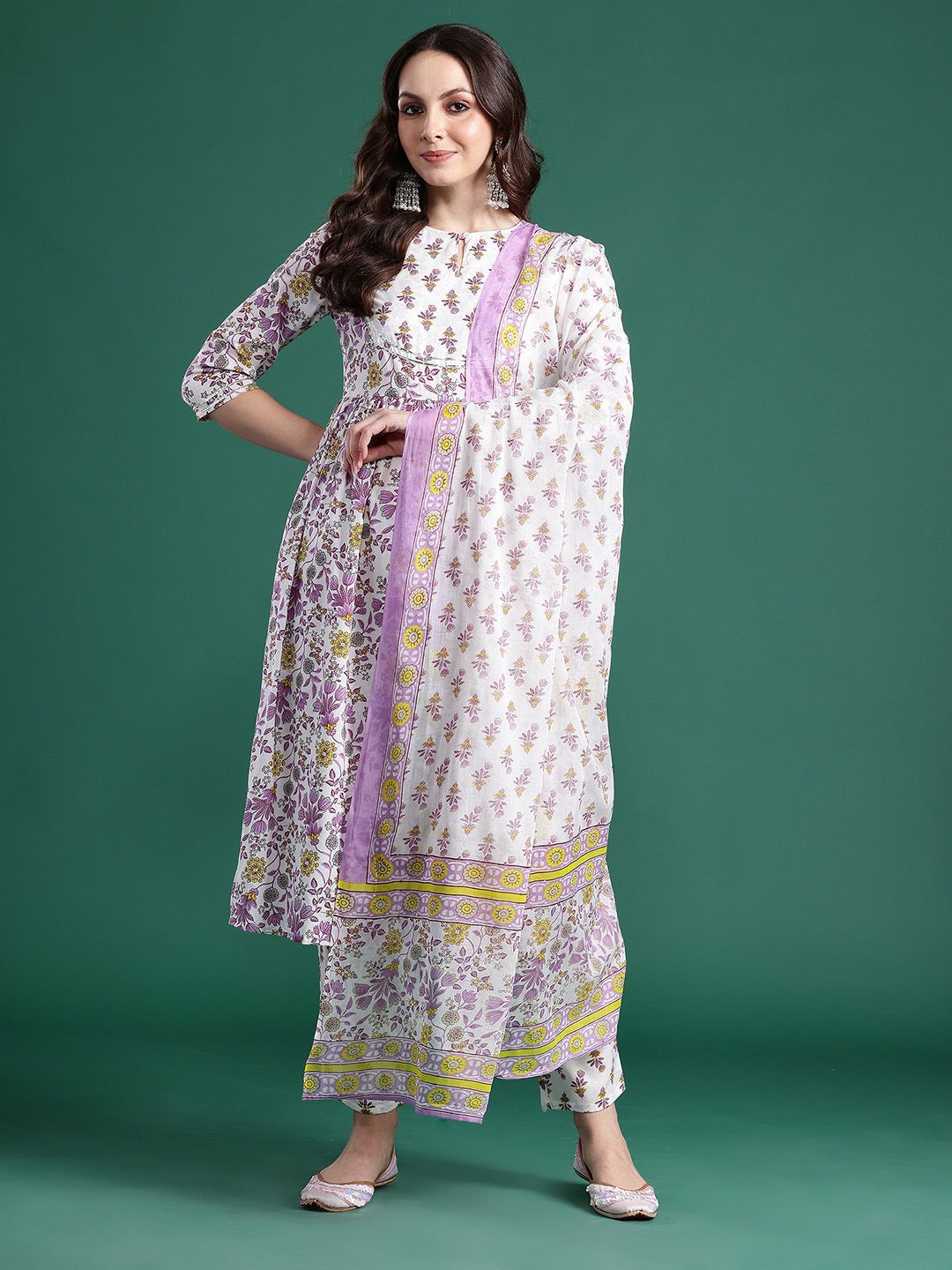 Dhiyona IE Floral Printed Pleated Pure Cotton Kurta with Trousers & Dupatta