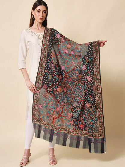 Dhiyona PA Women Grey Embroidered Pure Wool Shawl