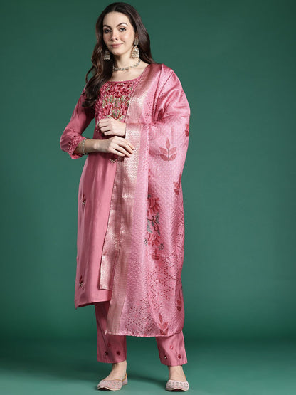 Floral Embroidered Thread Work Kurta with Trousers & With Dupatta
