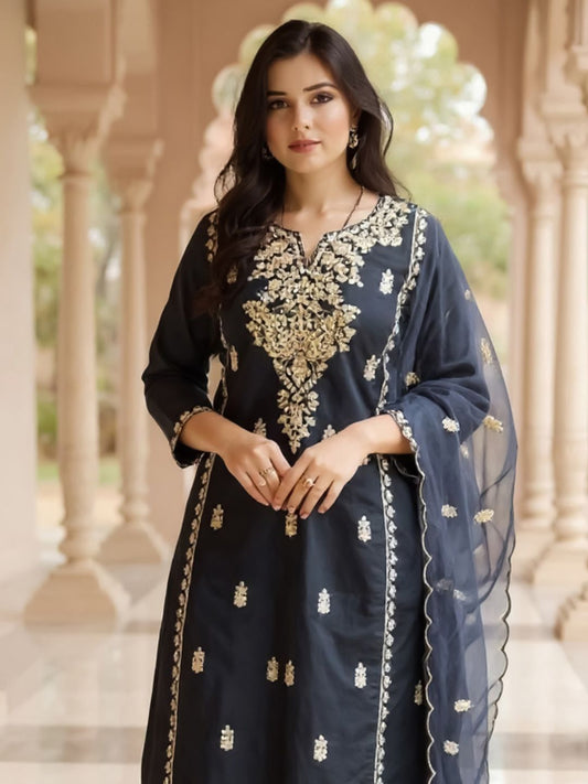 Dhiyona IE Women's Women Ethnic Motifs Embroidered Kurta with Trousers & Dupatta