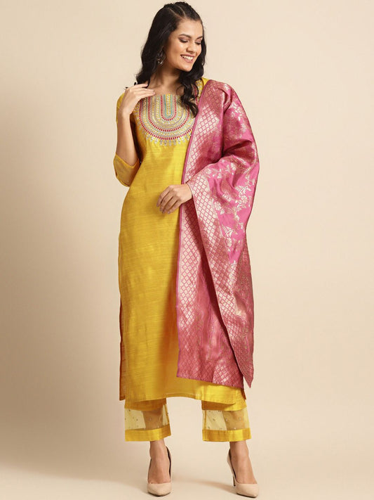 Dhiyona VA Women's Mustard Yellow Embroidered Sequinned Kurta Set with Dupatta