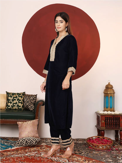 Dhiyona VA Women'sNavy Blue Embroidered Sequined Straight Kurta with Trousers & Dupatta