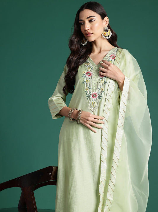 Dhiyona IE Floral Embroidered Thread Work Kurta With Trousers & Dupatta