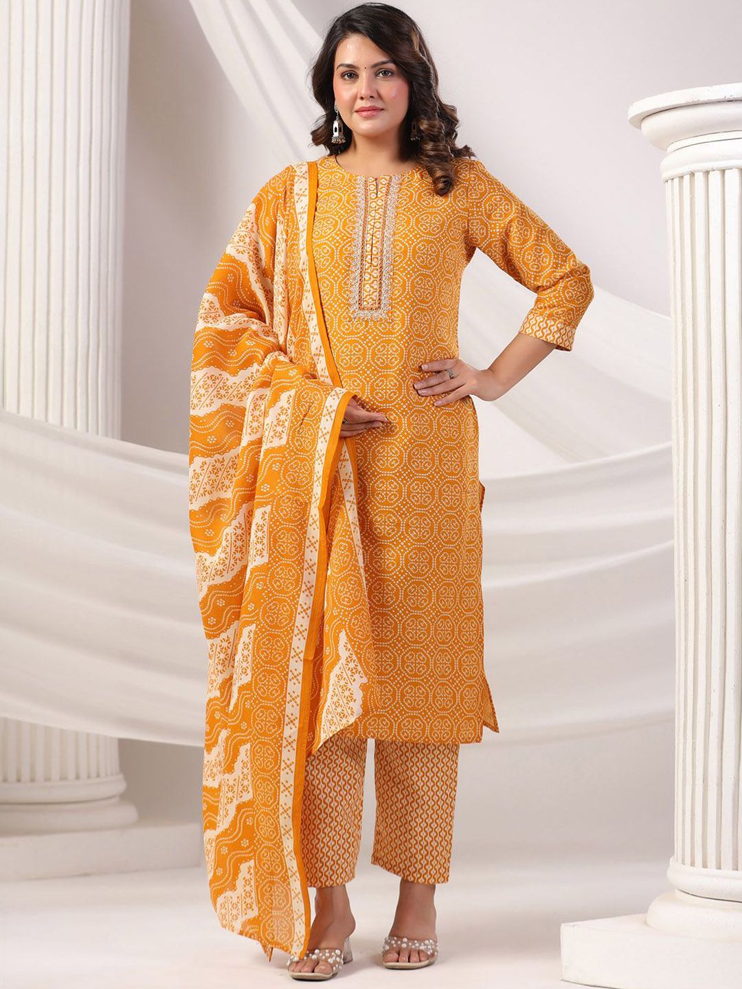 Women Bandhani Printed Regular Mirror Work Kurta Trousers With Dupatta