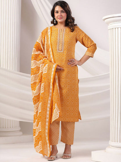 Women Bandhani Printed Regular Mirror Work Kurta Trousers With Dupatta