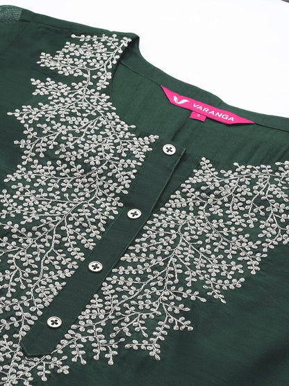 Dhiyona VA Women's Green Floral Yoke Design Chanderi Silk Kurta with Trousers & With Dupatta