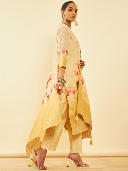 Dhiyona SO Women's Floral Printed Regular Zardozi Chanderi Silk Kurta with Trousers & Dupatta