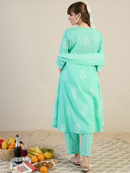 Dhiyona IE Women Floral Printed Regular Pure Cotton Kurta with Trousers & With Dupatta