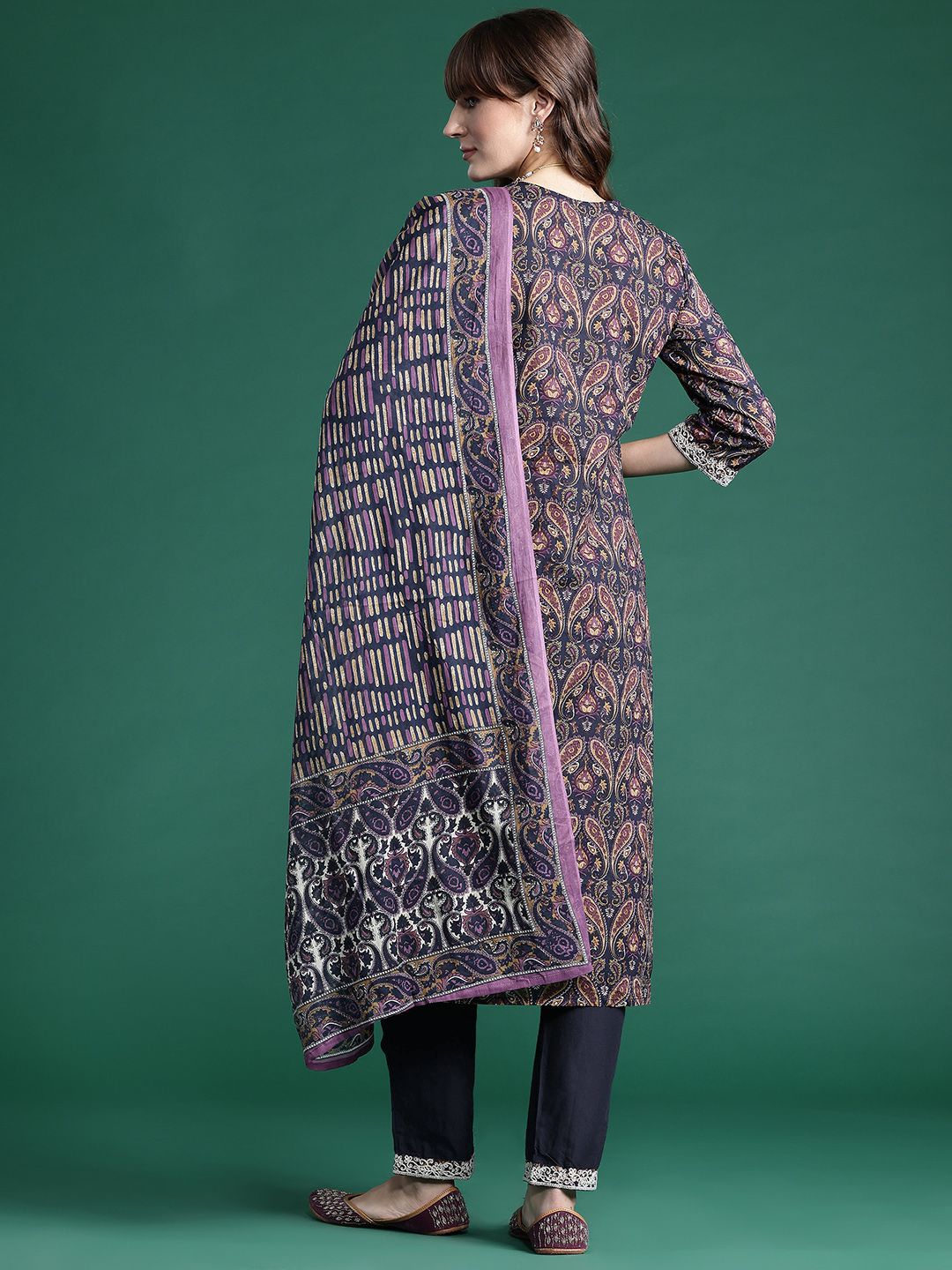 Paisley Printed Thread Work Pure Cotton Kurta With Trousers & Dupatta