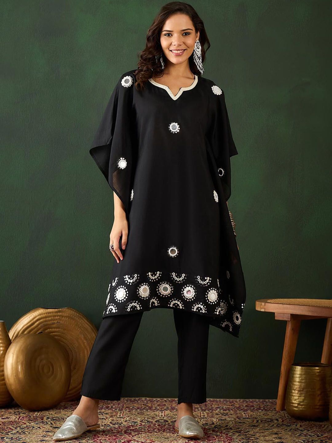 Dhiyona IS Women's Women Ethnic Motifs Embroidered Kaftan Kurta with Trouser