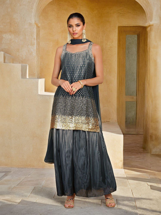 Dhiyona SO Women's Ethnic Motifs Embroidered Thread Work Kurta & Palazzos With Dupatta
