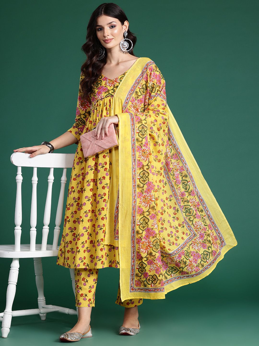 Dhiyona IE Floral Printed Empire Gotta Patti Pure Cotton Kurta With Trousers & Dupatta