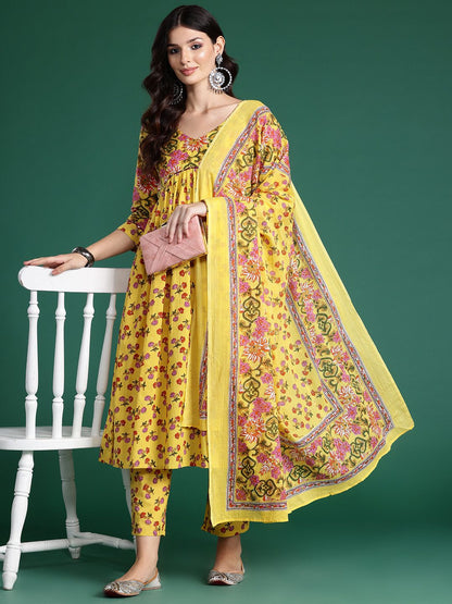 Dhiyona IE Floral Printed Empire Gotta Patti Pure Cotton Kurta With Trousers & Dupatta
