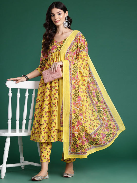 Dhiyona IE Floral Printed Empire Gotta Patti Pure Cotton Kurta With Trousers & Dupatta