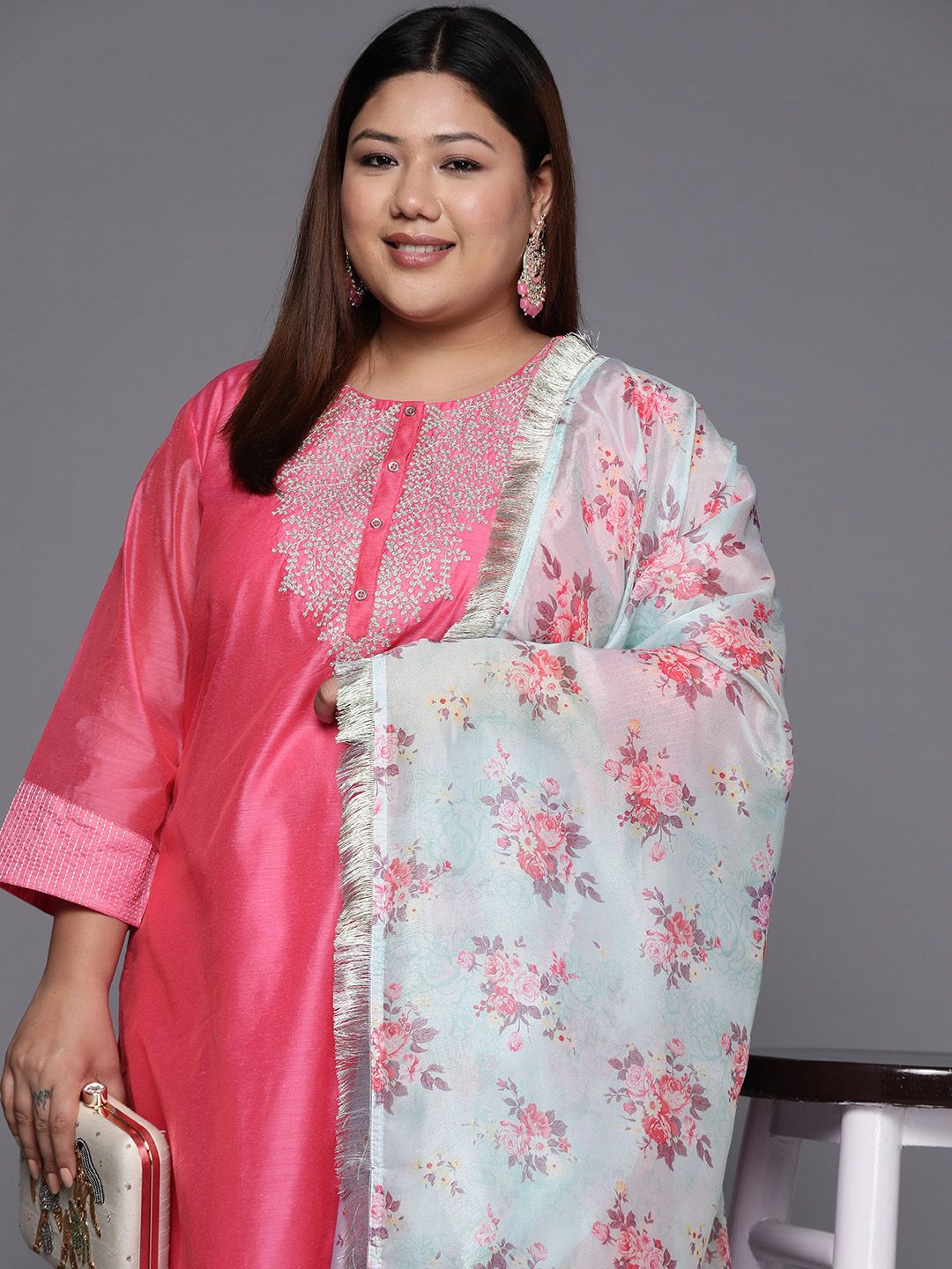 Dhiyona VA Women's Floral Yoke Design Sequinned Chanderi Silk Kurta with Trousers & Dupatta