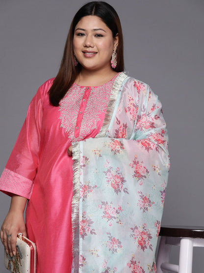 Dhiyona VA Women's Floral Yoke Design Sequinned Chanderi Silk Kurta with Trousers & Dupatta