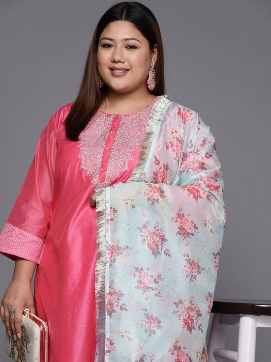 Dhiyona VA Women's Floral Yoke Design Sequinned Chanderi Silk Kurta with Trousers & Dupatta