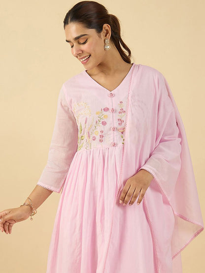 Dhiyona IE Floral Embroidered V Neck A Line Pure Cotton Kurta With Trousers & Dupatta