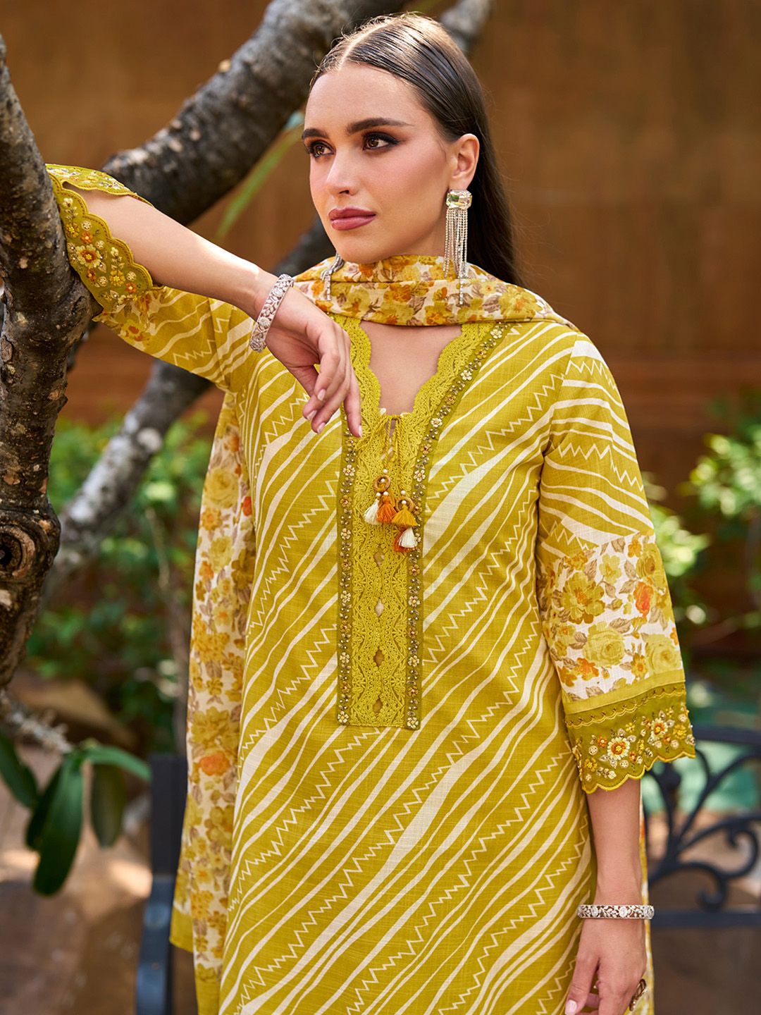Dhiyona IE Mustard Leheriya Printed Thread Work Pure Cotton Kurta with Trousers & Dupatta