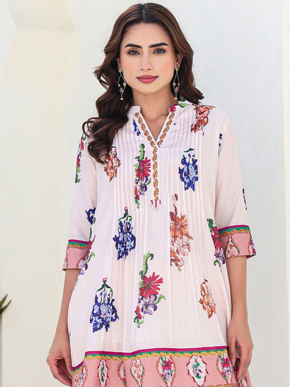Dhiyona IE Printed Pure Cotton Mandarin Collar Neck A-Line Tunic With Trousers Co-Ords